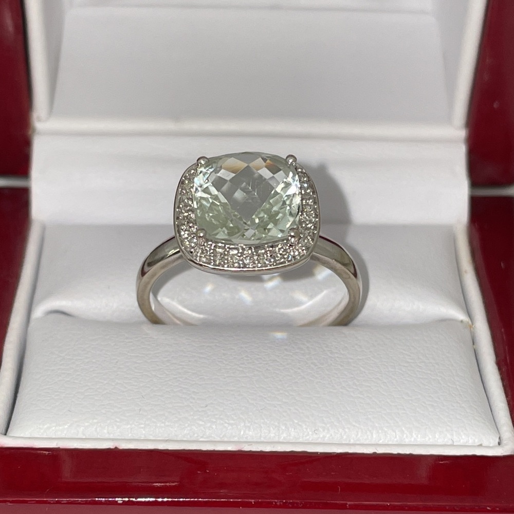 Dazzling White Gold Pale Green Prasiolite And Diamond Halo Ring - Picture 13 of 16